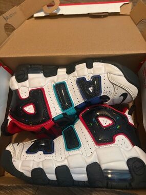 Nike Kids' Air More Uptempo Sneakers in White, Black, Red & Blue